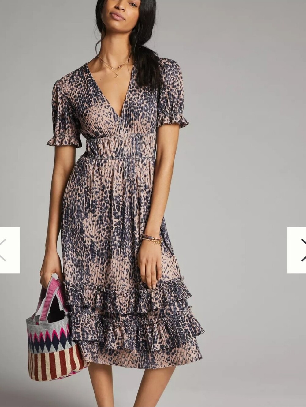 Hutch, Tiered V-Neck Midi Dress in Blush and Black Animal Print